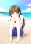  1girl arashio_(kantai_collection) barefoot beach blue_sky blue_swimsuit blurry brown_eyes brown_hair clouds commentary_request day depth_of_field feet gotou_hisashi highres kantai_collection leg_hug long_hair looking_to_the_side nontraditional_school_swimsuit outdoors school_swimsuit sitting sky solo swimsuit 