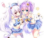  2girls :d :o animal animal_ears azur_lane bangs beret bird blue_eyes blue_headwear blue_shirt blue_skirt blue_sleeves blush bow brown_footwear bubble_tea cat chick commentary_request crop_top crown cup detached_sleeves disposable_cup drinking_straw eyebrows_visible_through_hair hair_between_eyes hair_ribbon hat heart highres holding holding_cup javelin_(azur_lane) laffey_(azur_lane) long_hair manjuu_(azur_lane) meowficer_(azur_lane) midriff mini_crown multiple_girls navel open_mouth parted_lips pleated_skirt puffy_short_sleeves puffy_sleeves purple_hair rabbit_ears red_bow red_eyes ribbon sailor_collar shirt shoes short_sleeves silver_hair simple_background skirt sleeveless sleeveless_shirt smile standing standing_on_one_leg thigh-highs tilted_headwear twintails very_long_hair white_background white_legwear white_ribbon white_sailor_collar wrist_cuffs yuutsuki_hina 