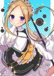  1girl abigail_williams_(fate/grand_order) akirannu apron bangs black_skirt blonde_hair blue_eyes bow butterfly_hair_ornament fate/grand_order fate_(series) hair_ornament heroic_spirit_chaldea_park_outfit highres key long_hair looking_at_viewer maid maid_apron maid_headdress orange_bow parted_bangs skirt sleeves_past_fingers sleeves_past_wrists smile sparkle stuffed_animal stuffed_toy teddy_bear white_bow 