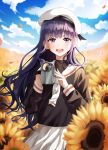  1girl :d bangs black_shirt blurry blurry_background cardcaptor_sakura clouds connie_(keean2019) cowboy_shot daidouji_tomoyo day field floating_hair flower flower_field hat highres long_hair long_sleeves looking_at_viewer open_mouth outdoors petals pleated_skirt purple_hair sailor_collar school_uniform shiny shiny_hair shirt skirt smile solo standing sunflower very_long_hair violet_eyes white_headwear white_neckwear white_sailor_collar white_skirt yellow_flower 