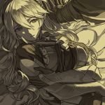  1boy 1girl black_shirt brother_and_sister brown_eyes corrin_(fire_emblem)_(female) couple eye_contact eyebrows_visible_through_hair fire_emblem fire_emblem_fates gloves grey_background grey_kimono hair_between_eyes harusame_(rueken) hug hug_from_behind japanese_clothes kimono limited_palette long_hair long_sleeves looking_at_another ponytail shirt siblings silver_hair smile takumi_(fire_emblem) very_long_hair wing_collar 