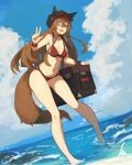  1girl animal_ears bikini blue_sky breasts brown_eyes brown_hair character_request choker clouds copyright_request fang fox_ears fox_tail highres lansane leaning_forward long_hair medium_breasts ocean one_eye_closed pigeon-toed red_bikini shore skin_fang sky solo swimsuit tail v wading water 