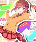  bangs bat_hair_ornament black_shirt blush collared_shirt cross eyebrows_visible_through_hair fang flat_chest gabriel_dropout hair_ornament hair_ribbon jabittoson jumping kurumizawa_satanichia_mcdowell looking_at_viewer multicolored multicolored_background necktie open_mouth orange_sweater_vest paper_cutout pleated_skirt red_eyes red_skirt redhead ribbon shirt shoes skirt socks sweater_vest thighs v 