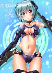  1girl absurdres armor ass_visible_through_thighs bikini bikini_armor black_legwear blue_gloves blue_hair blush breasts cleavage_cutout derivative_work elbow_gloves frame_arms_girl gloves highres hresvelgr looking_at_viewer mecha_musume medium_breasts navel oooqqq shiny shiny_hair shiny_skin short_hair solo swimsuit sword thigh-highs thighs violet_eyes weapon 