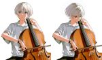  1boy absurdres bishounen black_pants blue_eyes bow_(instrument) cello hair_between_eyes highres instrument looking_at_viewer multiple_boys multiple_views music original p_la_s_ma pants playing_instrument shirt sitting watch watch white_background white_shirt 