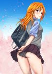  1girl absurdres black_panties blue_shirt blue_sky blush brown_eyes cherry_blossoms closed_mouth cowboy_shot floating_hair from_behind grey_vest highres idolmaster idolmaster_cinderella_girls long_hair looking_at_viewer looking_back miniskirt nakonako older orange_hair panties pantyshot pantyshot_(standing) pleated_skirt purple_skirt school_uniform shirt skirt skirt_tug sky sleeves_rolled_up smile solo standing sweater_vest underwear vest yuuki_haru 