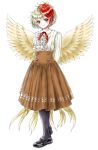  1girl adapted_costume animal animal_on_head arms_behind_back bird bird_on_head bird_tail bird_wings black_footwear black_legwear blonde_hair blush brown_skirt chick commentary_request eyebrows_visible_through_hair feathered_wings frilled_shirt frills full_body head_tilt highres kotenbako_(dot_hako) long_sleeves looking_at_viewer meme_attire multicolored_hair niwatari_kutaka on_head pantyhose red_eyes red_neckwear red_ribbon redhead ribbon shiny shiny_hair shirt short_hair simple_background skirt smile solo standing touhou two-tone_hair virgin_killer_outfit white_background white_shirt wings 