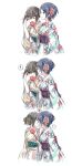  ! 2girls black_hair blue_eyes blue_hair candy_apple feeding flower food hair_flower hair_ornament hayami_kanade heart highres idolmaster idolmaster_cinderella_girls idolmaster_cinderella_girls_starlight_stage irua japanese_clothes kimono kiss multiple_girls sagisawa_fumika spoken_blush spoken_exclamation_mark spoken_heart yellow_eyes yukata yuri 