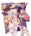  2girls animal_ears au_ra bare_shoulders black_hair blue_eyes breasts drink drinking_straw eyebrows_visible_through_hair fangs final_fantasy final_fantasy_xiv flower fur fur_collar gloves hair_flower hair_ornament halloween halloween_costume hat holding large_breasts miniskirt multiple_girls original pumpkin purple_hair red_eyes rirene_rn skirt smile tail thigh-highs white_flower white_gloves white_hair witch_hat yellow_eyes 