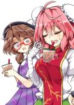  2girls aki_chimaki bandaged_arm bandages bolo_tie brown_eyes brown_hair bubble_tea bubble_tea_challenge bun_cover closed_eyes commentary cup double_bun drink drinking_straw flower glasses hat highres holding holding_cup ibaraki_kasen low_twintails multiple_girls object_on_breast open_mouth pink_flower pink_hair pink_rose plaid plaid_skirt plaid_vest pleated_skirt red-framed_eyewear rose semi-rimless_eyewear shirt short_sleeves simple_background skirt sweatdrop tabard touhou twintails under-rim_eyewear usami_sumireko vest white_background white_shirt 
