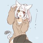  1girl absurdres animal_ears bangs black_legwear blue_background cat_ears cat_tail facial_mark final_fantasy final_fantasy_xiv heterochromia highres lili_mdoki long_hair looking_at_viewer miqo&#039;te paw_pose ponytail sitting sketch slit_pupils solo tail thigh-highs whisker_markings white_hair 