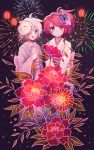  2girls blush butterfly_hair_ornament closed_mouth earrings eyebrows_visible_through_hair fireworks flower hair_flower hair_ornament hair_over_one_eye highres japanese_clothes jewelry kimono lantern longestdistance looking_at_viewer looking_away multiple_girls open_mouth original paper_lantern red_eyes redhead shaved_ice short_hair short_ponytail side_ponytail smile stud_earrings violet_eyes white_hair 
