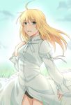  1girl ahoge artoria_pendragon_(all) black_panties blonde_hair bow breasts commentary_request dress eyebrows_visible_through_hair fate/stay_night fate_(series) green_eyes long_hair looking_at_viewer medium_breasts outdoors panties ribbon saber shiseki_hirame smile solo underwear upper_teeth white_bow white_dress white_ribbon 