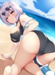  1girl absurdres all_fours ass azur_lane bangs beach bikini black_bikini blush breasts choker collarbone day eyebrows_visible_through_hair eyewear_on_head from_behind hair_between_eyes heart heart-shaped_eyewear highres innertube large_breasts looking_at_viewer looking_back outdoors parted_lips ranju_aira red_eyes scrunchie sheer_clothes short_hair sirius_(azur_lane) sirius_(midsummer_seirios)_(azur_lane) sky solo sparkle sunglasses swimsuit thigh_strap wet white_hair white_scrunchie wrist_scrunchie 