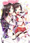  2girls ;d a.i._channel bangs bare_shoulders belt belt_buckle black_bow boots bow brown_hair buckle closed_mouth commentary_request confetti detached_sleeves dual_persona eyebrows_visible_through_hair fingernails green_eyes hair_ribbon hairband hands_together highres kizuna_ai lace lace-trimmed_legwear lace-trimmed_sleeves long_hair long_sleeves multicolored_hair multiple_girls one_eye_closed open_mouth pink_hair pink_hairband pink_ribbon red_belt red_shorts ribbon round_teeth sailor_collar sakuragi_ren shirt short_shorts short_sleeves shorts sleeveless sleeveless_shirt sleeves_past_wrists smile streaked_hair striped striped_bow teeth thigh-highs thigh_boots upper_teeth v very_long_hair virtual_youtuber white_background white_footwear white_legwear white_sailor_collar white_shirt white_shorts white_sleeves 