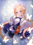 1girl :o abigail_williams_(fate/grand_order) apron bangs black_dress black_skirt blonde_hair blue_eyes blush bow braid breasts bug butterfly butterfly_hair_ornament collared_dress curtains dress eyebrows_visible_through_hair fate/grand_order fate_(series) forehead fuyouchu hair_ornament heroic_spirit_chaldea_park_outfit indoors insect keyhole long_hair long_sleeves looking_at_viewer maid maid_apron maid_headdress orange_bow parted_bangs parted_lips shirt sidelocks skirt sleeves_past_fingers sleeves_past_wrists small_breasts solo stuffed_animal stuffed_toy teddy_bear transparent very_long_hair white_bow white_shirt window