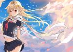 1girl arms_behind_back blonde_hair blue_sky blush breasts cherry_blossoms clouds hair_flaps kantai_collection long_hair looking_at_viewer medium_breasts midriff navel noeru_(gt17854) red_eyes scarf school_uniform serafuku sky smile solo white_background yuudachi_(kantai_collection) 