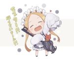  1girl abigail_williams_(fate/grand_order) apron bangs black_skirt blonde_hair bow butterfly_hair_ornament chibi closed_eyes fate/grand_order fate_(series) hair_ornament heroic_spirit_chaldea_park_outfit key long_hair maid maid_apron maid_headdress mary_janes open_mouth orange_bow parted_bangs shoes skirt sleeves_past_fingers sleeves_past_wrists smile stuffed_animal stuffed_toy teddy_bear tentacles totatokeke translated white_bow 