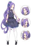  1girl :t bangs bare_arms bare_shoulders black_footwear blush bow breasts dress eyebrows_visible_through_hair fate/grand_order fate_(series) full_body hair_ornament long_hair looking_at_viewer pantyhose parted_bangs ponytail purple_dress purple_hair shiseki_hirame small_breasts smile translation_request twintails very_long_hair violet_eyes white_legwear wu_zetian_(fate/grand_order) 
