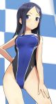  1girl alice_gear_aegis arm_at_side bare_arms bare_shoulders blue_eyes blue_hair blush breasts checkered checkered_background checkered_wall competition_swimsuit hand_on_back hand_on_hip hand_on_leg light_smile long_hair looking_at_viewer medium_breasts nikitou_kanade one-piece_swimsuit parted_hair shimada_fumikane solo standing straight_hair swimsuit 