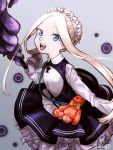  1girl abigail_williams_(fate/grand_order) apron bangs black_skirt blonde_hair blue_eyes bow butterfly_hair_ornament fate/grand_order fate_(series) hair_ornament heroic_spirit_chaldea_park_outfit highres key long_hair looking_at_viewer maid maid_apron maid_headdress open_mouth orange_bow shimoina17 skirt sleeves_past_fingers sleeves_past_wrists smile stuffed_animal stuffed_toy teddy_bear white_bow 