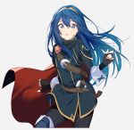  1girl belt blue_eyes blue_footwear blue_hair blue_tunic bodysuit cape cute english_commentary fingerless_gloves fire_emblem fire_emblem:_kakusei fire_emblem_awakening fire_emblem_heroes gloves hair_between_eyes intelligent_systems long_hair looking_at_viewer lucina nintendo open_mouth red_cape ribbed_bodysuit ryon_(ryonhei) scarf shoulder_armor strap super_smash_bros. tiara wrist_cuffs 