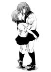  2girls fukumaaya height_difference highres hug long_hair monochrome multiple_girls neckerchief original pleated_skirt sailor_collar school_uniform serafuku short_hair short_sleeves simple_background skirt white_background yuri 