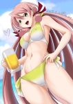 1girl akashi_(kantai_collection) alcohol beer beer_mug bikini blue_sky breasts clouds commentary_request covered_nipples cup dated day from_below green_eyes hair_ribbon holding holding_cup kantai_collection large_breasts long_hair mokerou navel open_mouth outdoors pink_hair red_ribbon ribbon sidelocks sky smile solo swimsuit tress_ribbon twitter_username 