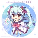  1girl :d antenna_hair bangs bare_shoulders black_skirt blue_hair blue_outline blush bow brown_eyes character_name character_request chibi commentary_request eyebrows_visible_through_hair fang flag hair_between_eyes hair_bow happy_birthday holding holding_flag japanese_clothes kimono long_hair long_sleeves off_shoulder open_mouth pleated_skirt purple_bow red_bow ribbon-trimmed_sleeves ribbon_trim ryuuka_sane skirt sleeves_past_wrists smile socks solo translation_request twintails twitter_username unmei_senjou_no_phi very_long_hair white_kimono white_legwear wide_sleeves 