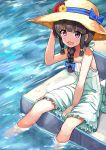  1girl alternate_costume black_hair blush braid dress eyebrows_visible_through_hair flower hair_between_eyes hat hat_flower highres kantai_collection kitakami_(kantai_collection) long_hair looking_at_another looking_at_viewer looking_up okitsugu open_mouth single_braid sitting solo straw_hat violet_eyes water 