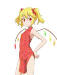  1girl alternate_costume alternate_hairstyle bangs bare_arms bare_shoulders blonde_hair blush bow breasts cato_(monocatienus) china_dress chinese_clothes commentary_request covered_navel cowboy_shot crystal dress eyebrows_visible_through_hair flandre_scarlet floral_print hair_between_eyes hair_bow hand_on_hip looking_at_viewer no_hat no_headwear pelvic_curtain red_bow red_dress red_eyes short_hair side_slit simple_background sleeveless sleeveless_dress small_breasts smile solo standing thighs touhou twintails white_background wings 