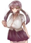  1girl :t bra breasts cellphone commentary_request hair_ornament hairclip highres huge_breasts lace lace_bra long_hair looking_down metk original phone purple_hair red_eyes simple_background skirt smartphone solo standing thighs twintails underwear uniform white_background 