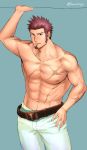  1boy abs bad_anatomy bara beard belt blue_eyes brown_hair chest commentary_request epaulettes facial_hair fate/grand_order fate_(series) hand_on_hip looking_at_viewer lumentunes male_focus napoleon_bonaparte_(fate/grand_order) nipples pants scar simple_background smile solo 