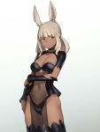  1girl :/ animal_ears arm_at_side arm_under_breasts bangs blunt_bangs breasts bunny_ears choker cowboy_shot dark_skin final_fantasy final_fantasy_xiv gradient grey_hair houtengeki looking_at_viewer medium_breasts medium_hair navel pelvic_curtain red_eyes revealing_clothes see-through simple_background solo thigh-highs twintails vambraces viera white_background 