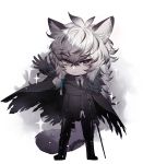  1boy absurdres animal_ear_fluff animal_ears arknights bangs baocaizi black_footwear black_gloves black_hair black_jacket black_neckwear black_pants boots cane chibi closed_mouth collared_shirt eyebrows_visible_through_hair gloves grey_eyes grey_vest hair_between_eyes highres jacket knee_boots long_sleeves looking_at_viewer male_focus multicolored_hair necktie outstretched_arm pants shirt silver_hair smoke solo sparkle streaked_hair tail vest white_background white_shirt 