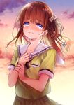  1girl blush bow braid brown_hair clouds clutching_chest collarbone cover_image double_horizontal_stripe fukakai_na_boku_no_subete_wo hair_bow hand_on_own_chest hand_on_own_wrist konayama_kata mizunoe_kotone one_side_up parted_lips pleated_skirt sailor_collar school_uniform serafuku shirt side_braid skirt sky solo tears violet_eyes wavy_mouth white_sailor_collar yellow_shirt 