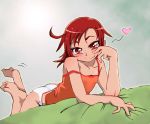  1girl blush commentary_request graphite_(medium) hino_akane_(smile_precure!) looking_at_viewer millipen_(medium) onnaski panties precure red_eyes redhead short_hair smile smile_precure! solo traditional_media underwear 