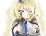  1girl amamura_tsuo black_gloves blonde_hair blue_eyes blue_neckwear breasts capelet colorado_(kantai_collection) elbow_gloves garrison_cap gloves hand_on_own_face hat headgear highres kantai_collection large_breasts looking_at_viewer necktie shirt short_hair side_braids sideboob sleeveless smile solo upper_body white_background white_shirt 