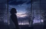  1girl bug butterfly clouds curtains dark dusk fantasy flower from_behind highres indoors insect night original plant potted_plant short_hair skyrick9413 solo window 