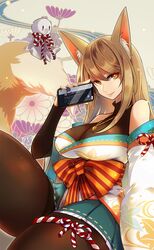  1girl aa2233a animal_ear_fluff animal_ears aqua_skirt bow breasts brown_eyes brown_hair brown_legwear cellphone detached_sleeves floral_background fox_ears fox_tail japanese_clothes large_breasts looking_at_viewer original pantyhose phone skirt smartphone smile solo tail teruterubouzu 