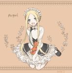  1girl abigail_williams_(fate/grand_order) apron artist_request bangs black_skirt blonde_hair blue_eyes bow butterfly_hair_ornament fate/grand_order fate_(series) flower hair_ornament heroic_spirit_chaldea_park_outfit long_hair looking_at_viewer maid maid_apron maid_headdress mary_janes open_mouth orange_bow parted_bangs shoes skirt sleeves_past_fingers sleeves_past_wrists stuffed_animal stuffed_toy teddy_bear white_bow 