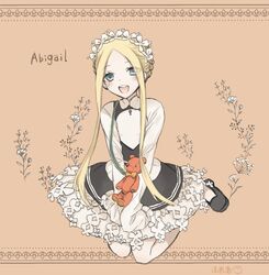  1girl abigail_williams_(fate/grand_order) apron artist_request bangs black_skirt blonde_hair blue_eyes bow butterfly_hair_ornament fate/grand_order fate_(series) flower hair_ornament heroic_spirit_chaldea_park_outfit long_hair looking_at_viewer maid maid_apron maid_headdress mary_janes open_mouth orange_bow parted_bangs shoes skirt sleeves_past_fingers sleeves_past_wrists stuffed_animal stuffed_toy teddy_bear white_bow 