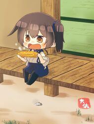  1girl artist_name black_legwear blue_hakama brown_eyes brown_hair chibi commentary_request corn eating hakama hakama_skirt highres japanese_clothes kaga_(kantai_collection) kantai_collection long_hair open_mouth pantyhose side_ponytail solo taisa_(kari) tasuki tatami veranda 