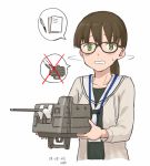  1girl bangs beige_cardigan black-framed_eyewear blush breasts brown_hair c2-chan c2_kikan cannon collarbone dated frown glasses green_eyes grey_shirt holding holding_weapon kawashina_(momen_silicon) long_hair looking_at_viewer low_ponytail neckerchief parted_lips sailor_collar shaking_head shirt signature simple_background small_breasts spoken_o sweatdrop turret upper_body weapon white_background white_neckwear 