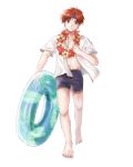  1boy barefoot blue_eyes blue_headband closed_mouth fire_emblem fire_emblem:_the_binding_blade flower flower_necklace headband highres holding innertube jewelry looking_at_viewer male_focus male_swimwear mameno_62 necklace open_clothes open_shirt redhead roy_(fire_emblem) shirt short_sleeves simple_background smile solo swimwear white_background white_shirt 