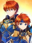  2boys armor blue_eyes cape cosplay durandal_(fire_emblem) eliwood_(fire_emblem) eliwood_(fire_emblem)_(cosplay) father_and_son fire_emblem fire_emblem:_fuuin_no_tsurugi fire_emblem:_rekka_no_ken fire_emblem:_the_binding_blade fire_emblem:_the_blazing_blade fire_emblem_heroes gloves headband intelligent_systems looking_at_viewer male_focus multiple_boys nintendo potiko_(3110) redhead roy_(fire_emblem) short_hair simple_background smile super_smash_bros. 