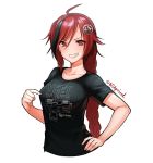  1girl ahoge black_hair braided_ponytail breasts danielle_brindle girls_frontline gun handgun highres long_hair medium_breasts multicolored_hair original pointing pointing_at_self red_eyes redhead shirt smirk solo t-shirt twitter_username two-tone_hair weapon yc9 