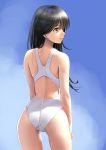  1girl ass black_hair blue_background brown_eyes commentary_request competition_swimsuit cowboy_shot from_behind gradient gradient_background hands_on_own_thighs highres katahira_masashi lips long_hair looking_to_the_side one-piece_swimsuit original profile solo standing swimsuit thigh_gap white_swimsuit 