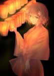  1girl black_background brown_eyes flower hair_flower hair_ornament hairclip hanasaku_iroha highres japanese_clothes kimono lantern looking_at_viewer matsumae_ohana narumi_muran short_hair solo standing wide_sleeves 