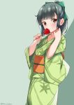  1girl :o absurdres alternate_costume bangs blunt_bangs blush bow brown_eyes candy_apple collarbone eyebrows_visible_through_hair floral_print food green_background grey_hair hair_bow highres holding holding_food japanese_clothes kantai_collection kimono obi open_mouth ponytail sash solo twitter_username uut wide_sleeves yukata yuubari_(kantai_collection) 